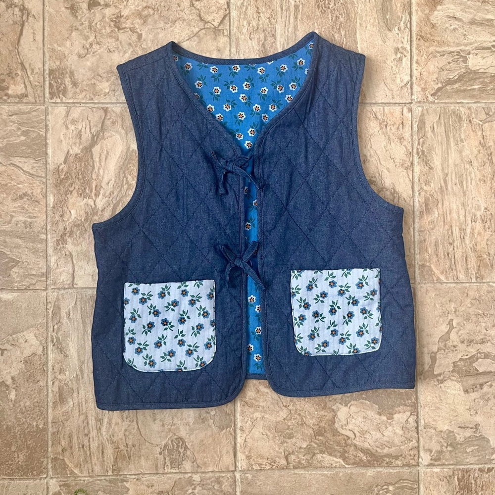 Blue Quilted Vest with Floral Pockets